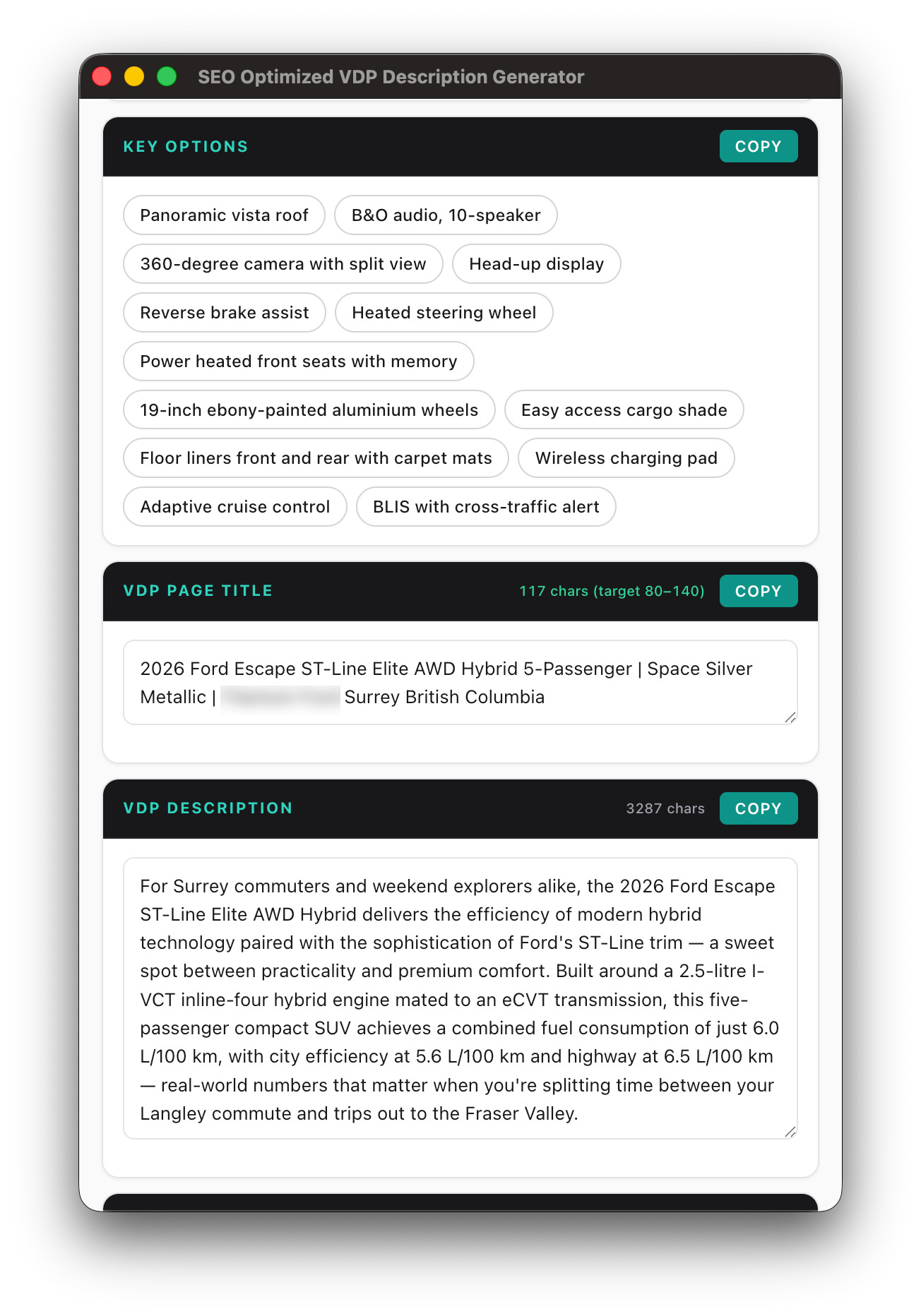 DealerCopy result card showing key options pills, VDP Page Title with character count, and a full VDP description in the dealership's voice mentioning Surrey, Langley, and the Fraser Valley for local SEO